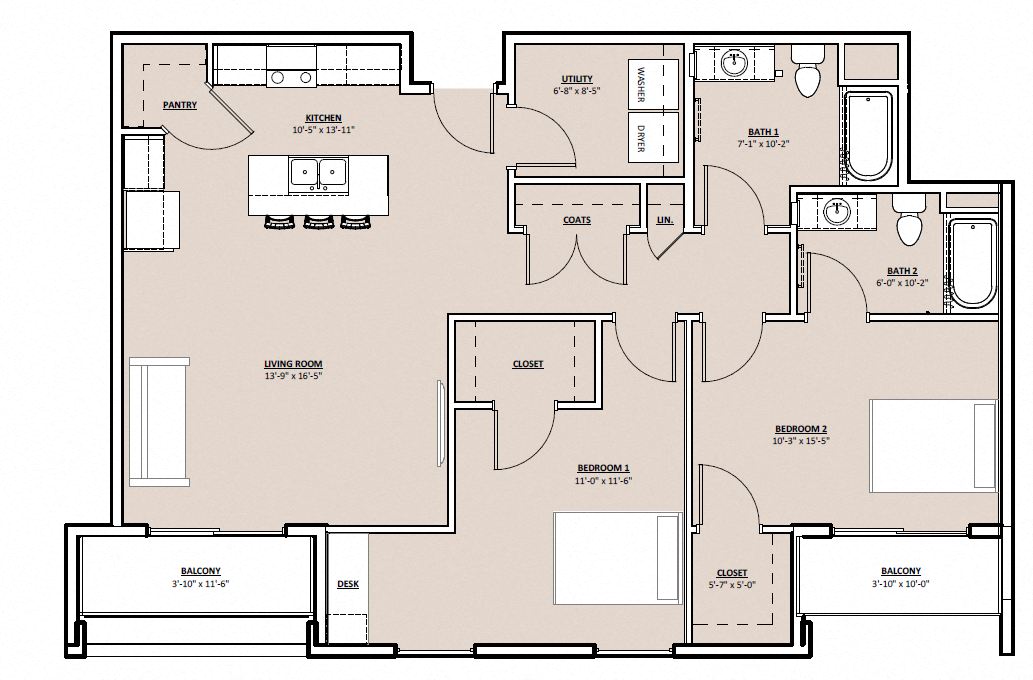 Floor plan for 2 beds, 2 baths, 1228 sqft